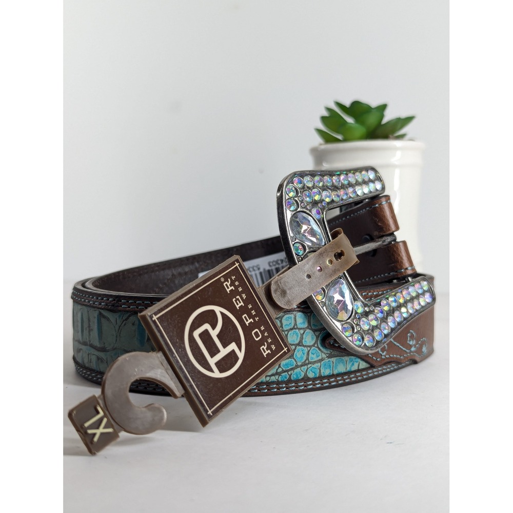 Roper Western Belt Brown Leather Turquoise Croc Rhinestone Buckle XL 8485790